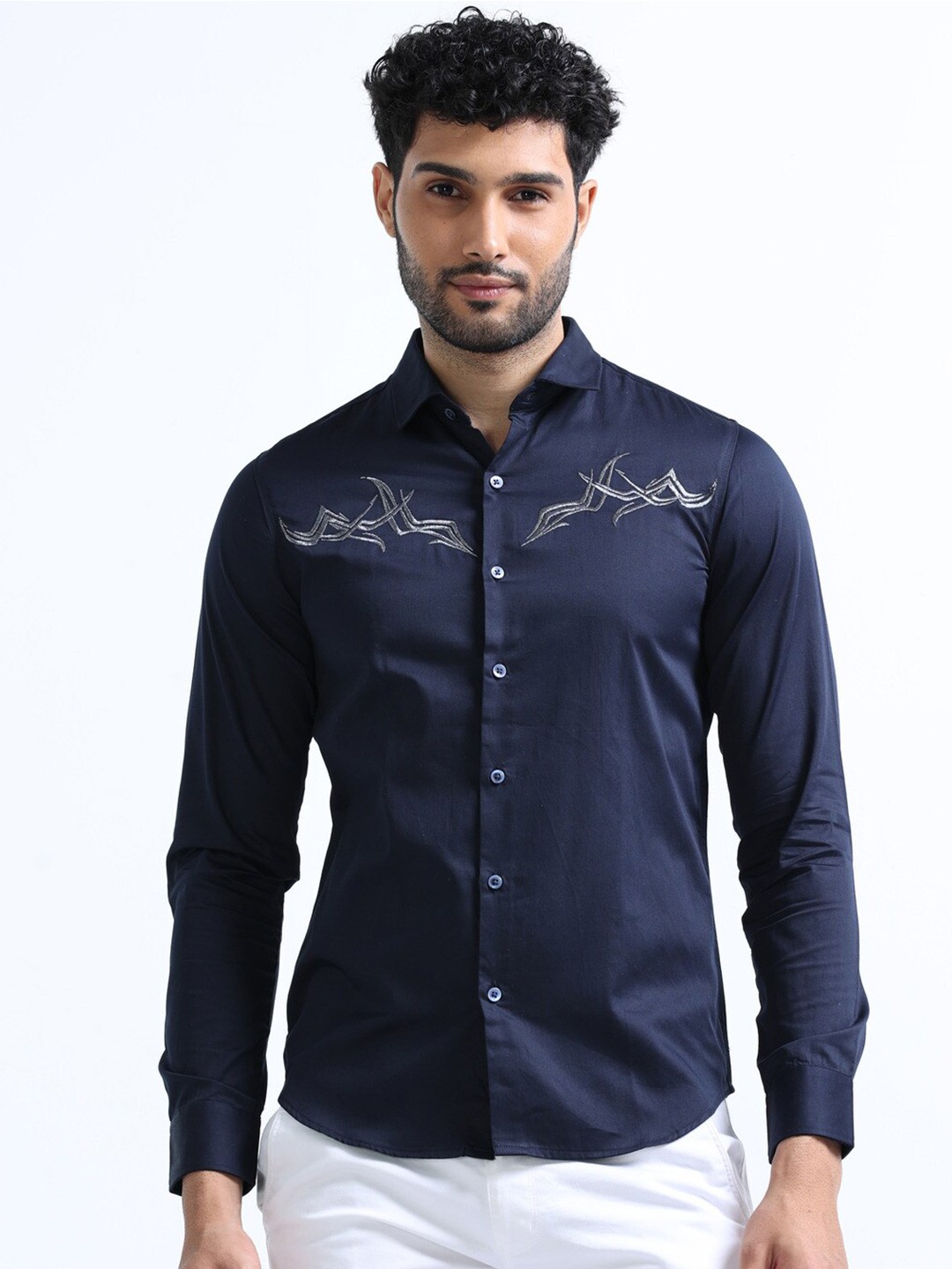 

FLY 69 Premium Slim Fit Spread Collar Pure Cotton Shirt, Navy blue