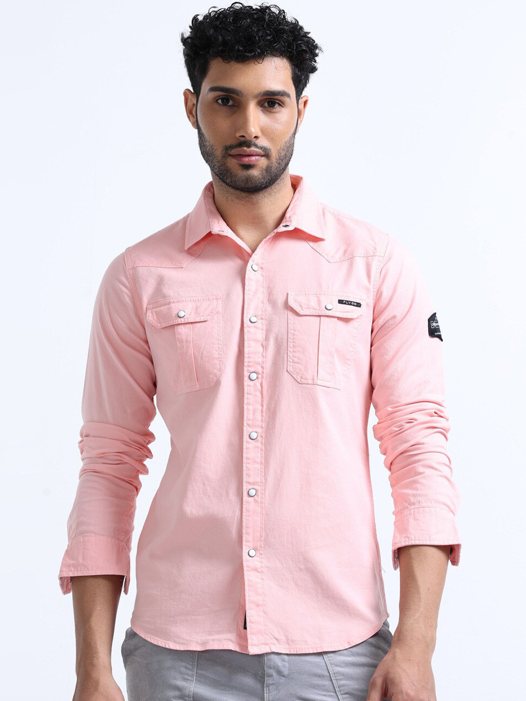 

FLY 69 Premium Slim Fit Spread Collar Long Sleeves Cotton Casual Shirt, Pink