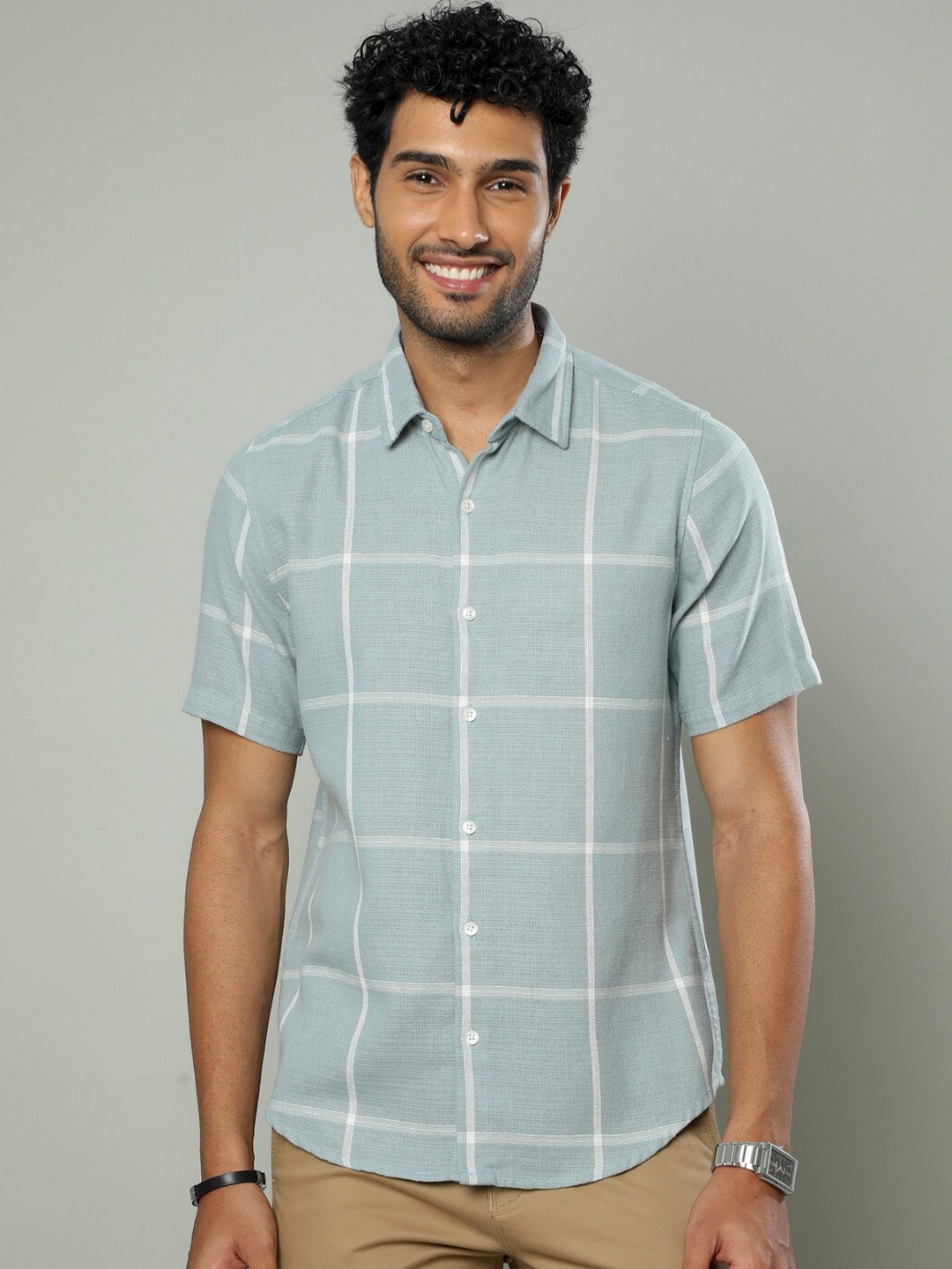

FLY 69 Premium Slim Fit Windowpane Checked Pure Cotton Casual Shirt, Green