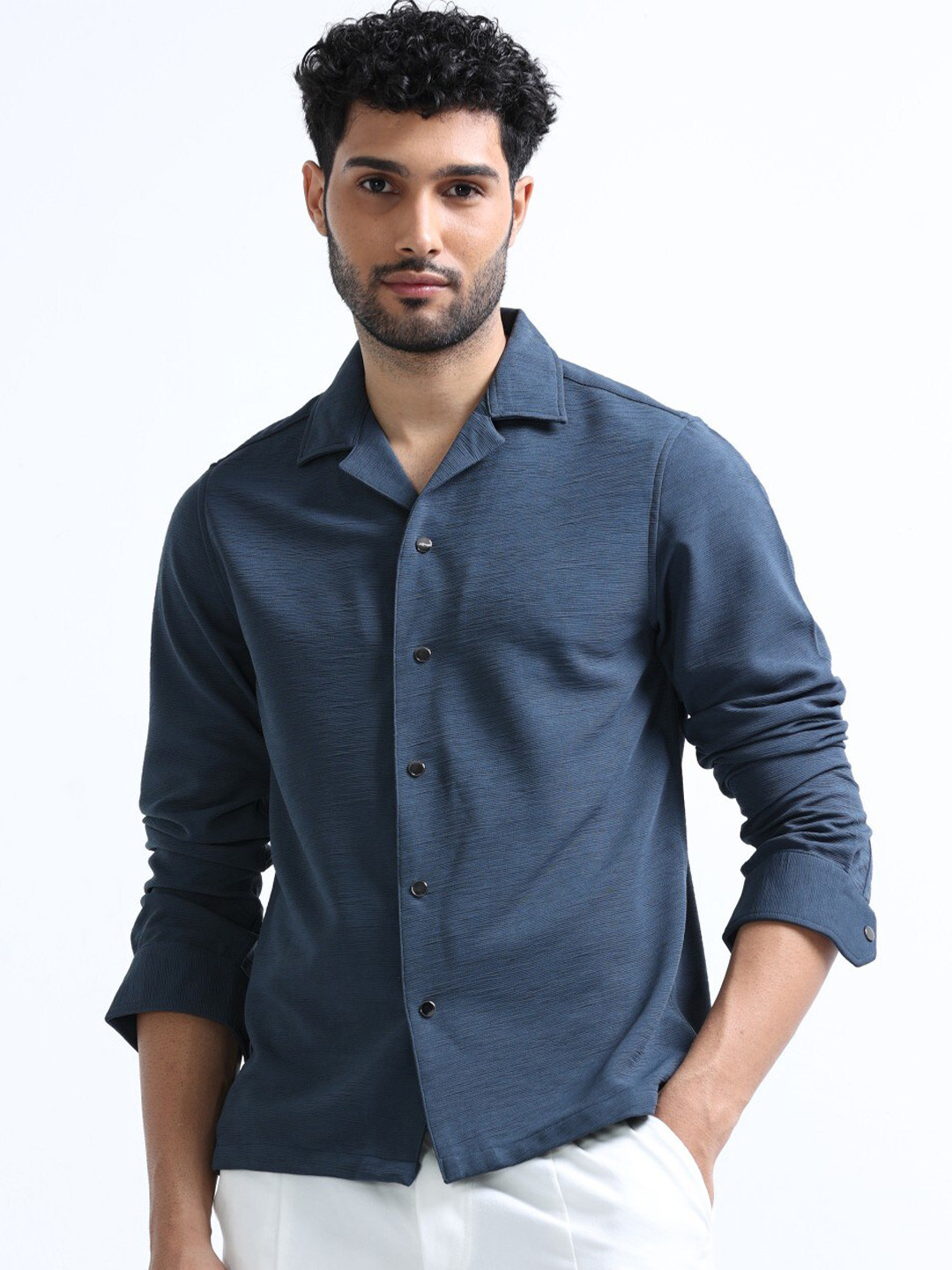 

FLY 69 Premium Boxy Fit Knitted Cotton Shirt, Blue