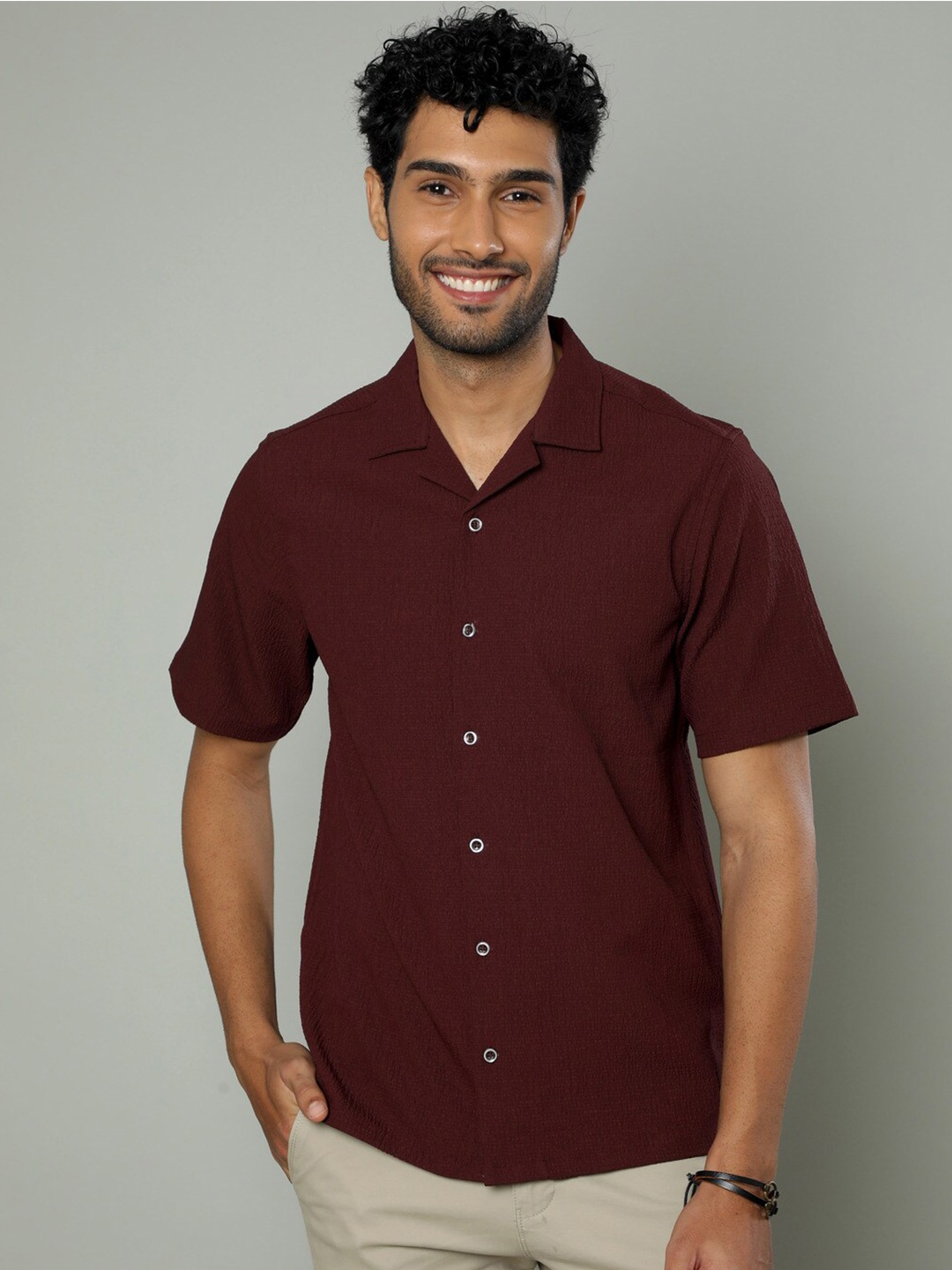 

FLY 69 Premium Boxy Cuban Collar Short Sleeves Casual Shirt, Maroon