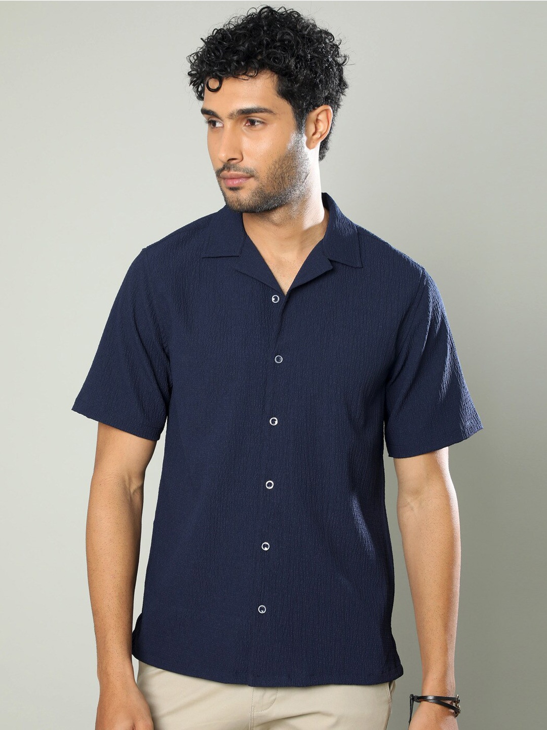 

FLY 69 Premium Boxy Textured Self Design Shirt, Navy blue