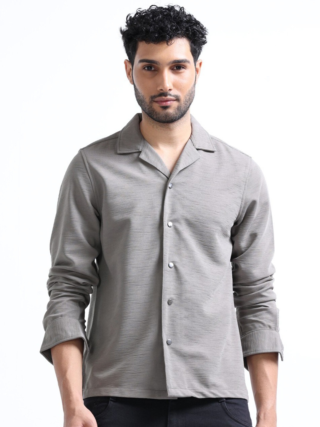 

FLY 69 Premium Boxy Textured Self Design Cuban Collar Casual Shirt, Beige