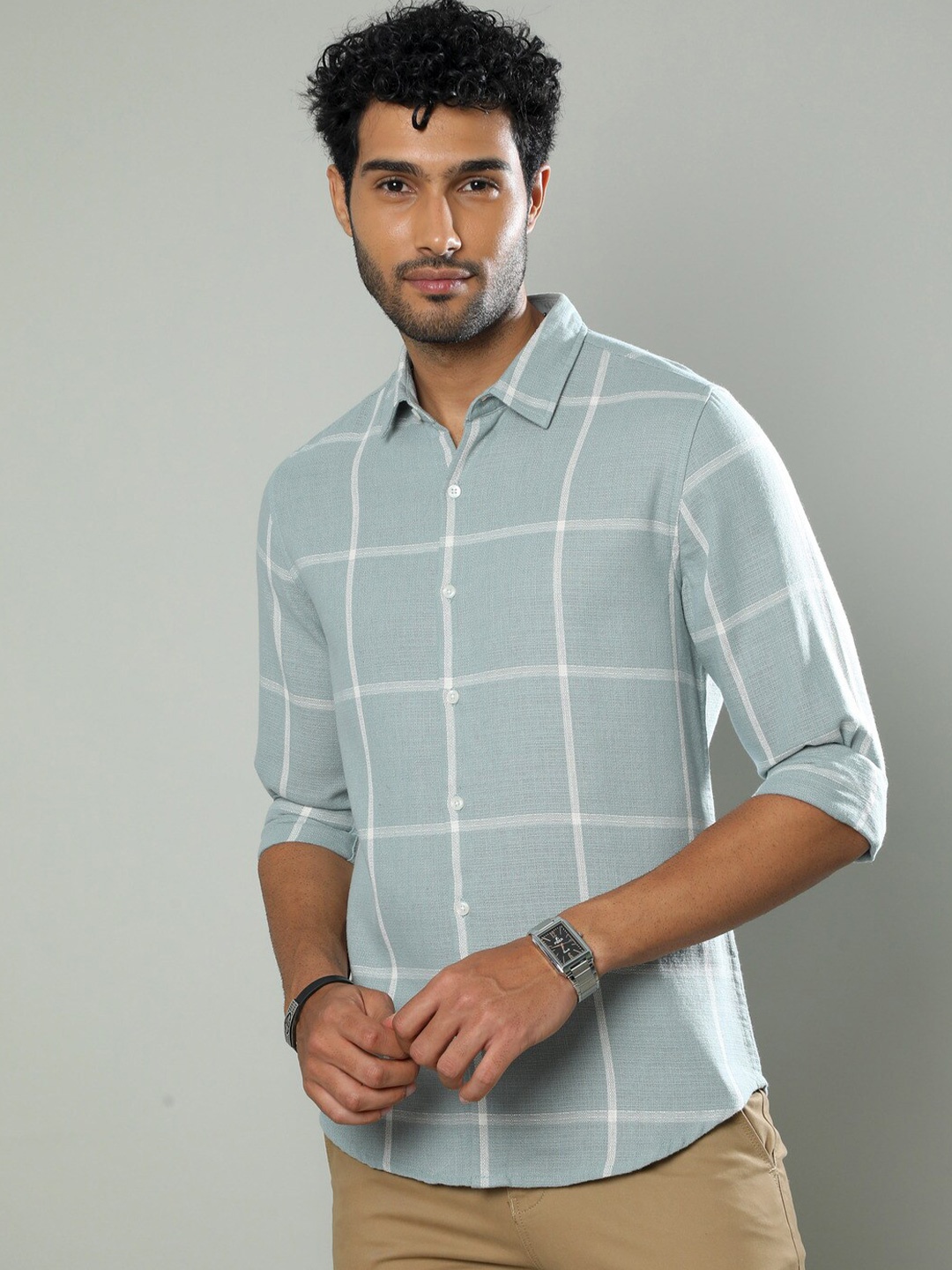 

FLY 69 Premium Slim Fit Windowpane Checked Shirt, Green