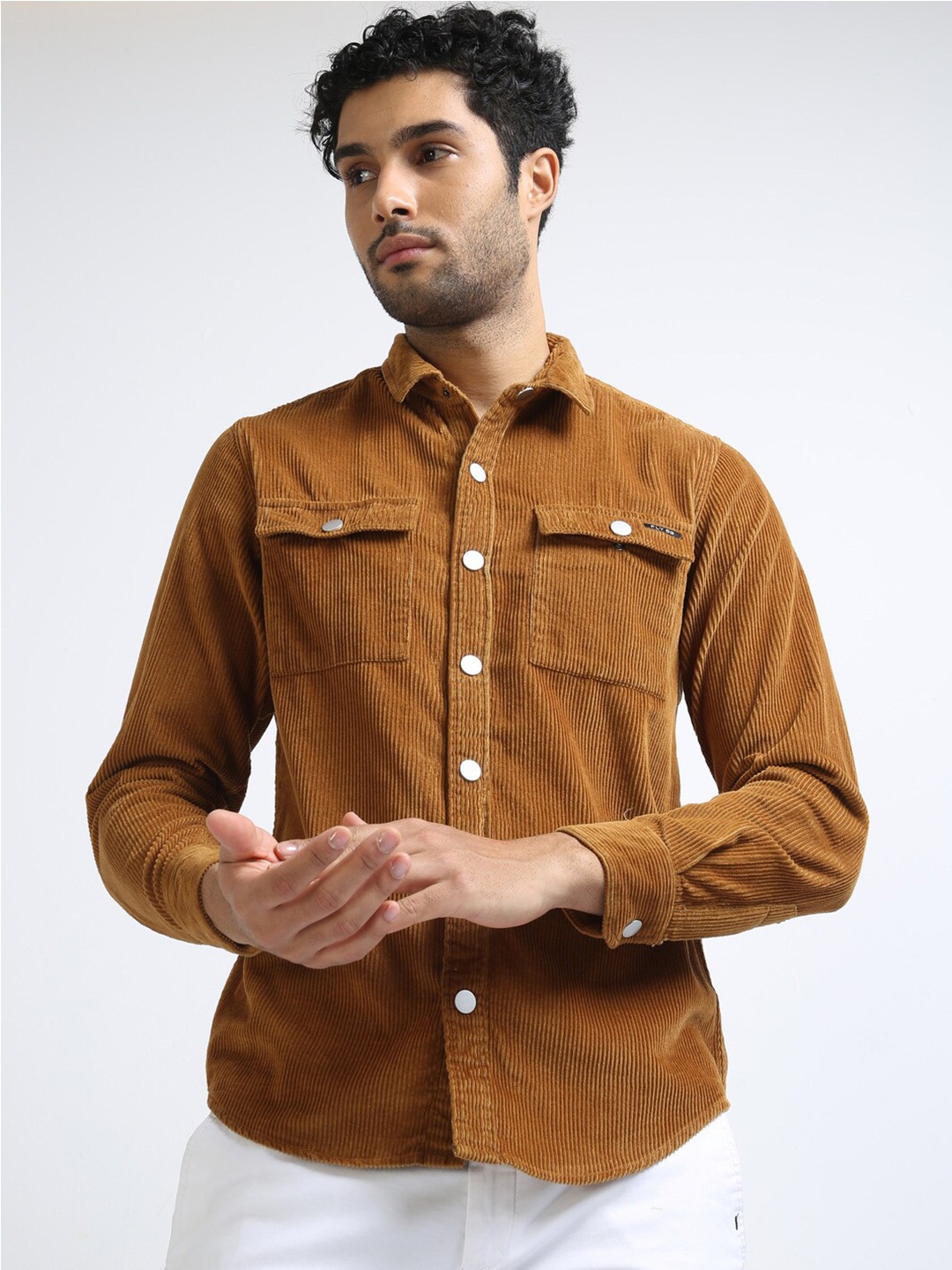 

FLY 69 Premium Slim Fit Corduroy Casual Shirt, Brown