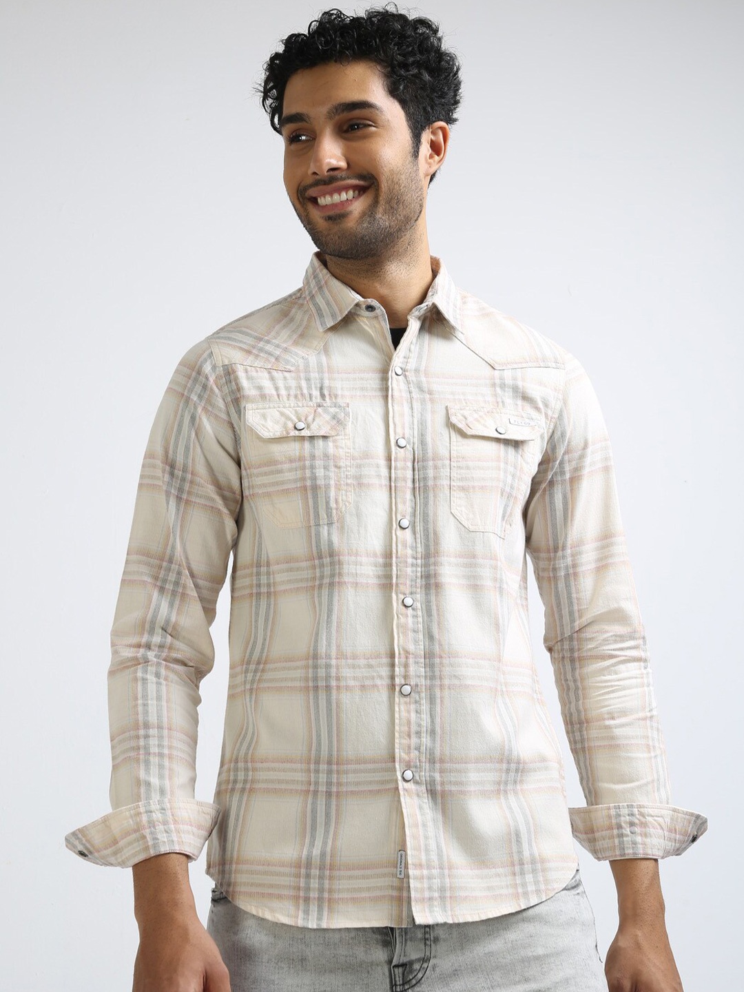 

FLY 69 Premium Slim Fit Tartan Checked Cotton Shirt, Cream