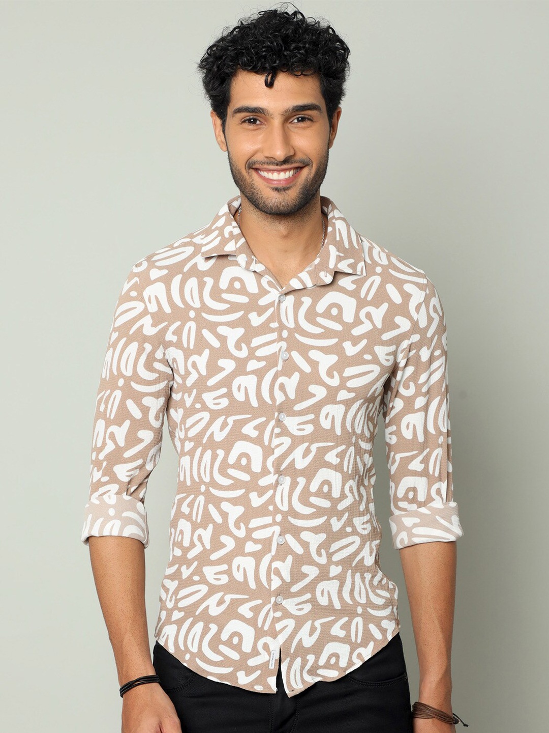 

FLY 69 Abstract Printed Premium Slim Fit Casual Shirt, Camel brown