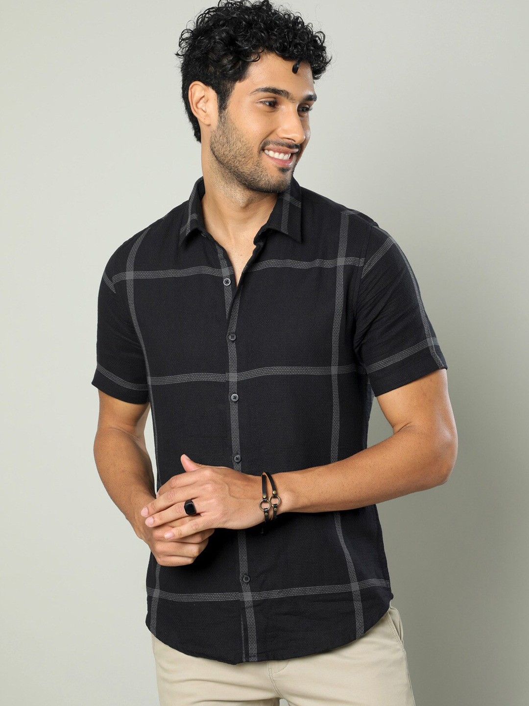 

FLY 69 Windowpane Checked Premium Slim Fit Pure Cotton Casual Shirt, Black
