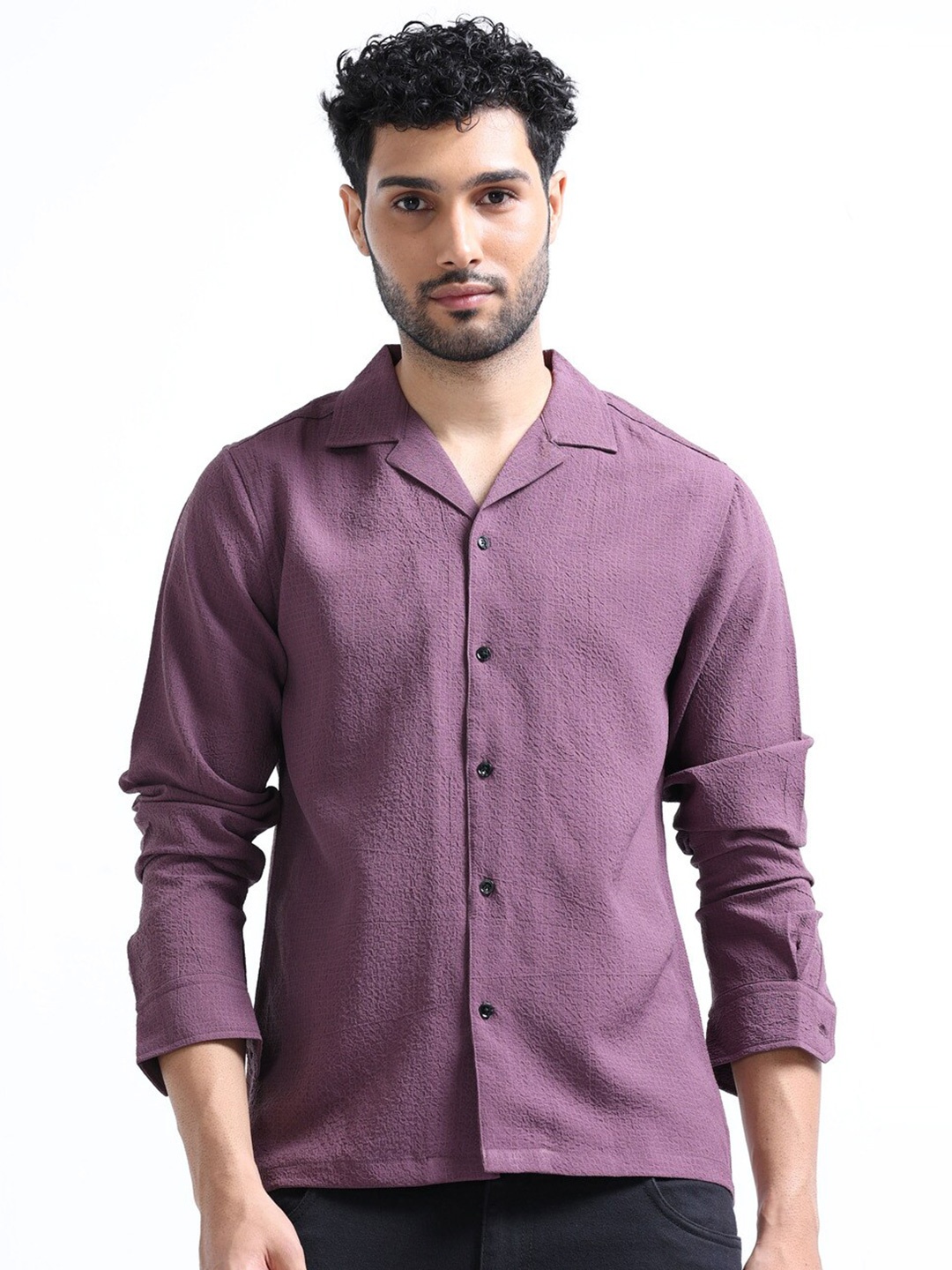 

FLY 69 Premium Boxy Textured Self Design Cuban Collar Casual Shirt, Purple