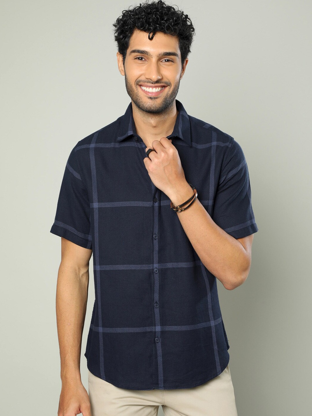 

FLY 69 Premium Slim Fit Windowpane Checked Pure Cotton Casual Shirt, Navy blue