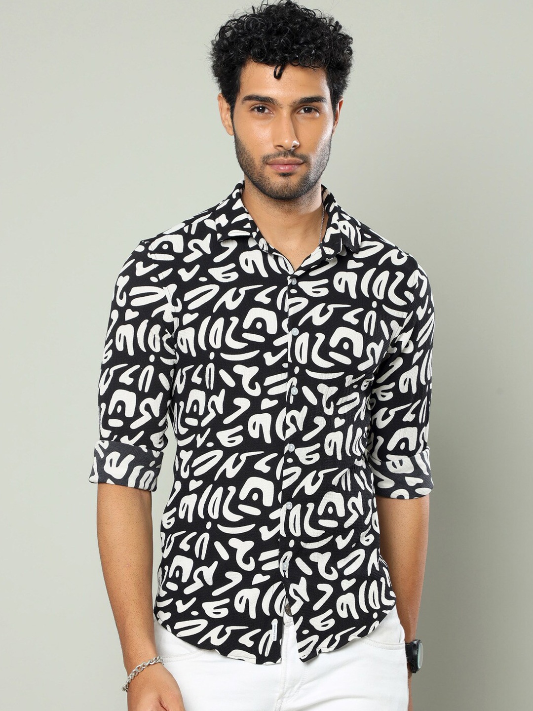 

FLY 69 Premium Slim Fit Abstract Printed Casual Shirt, Black