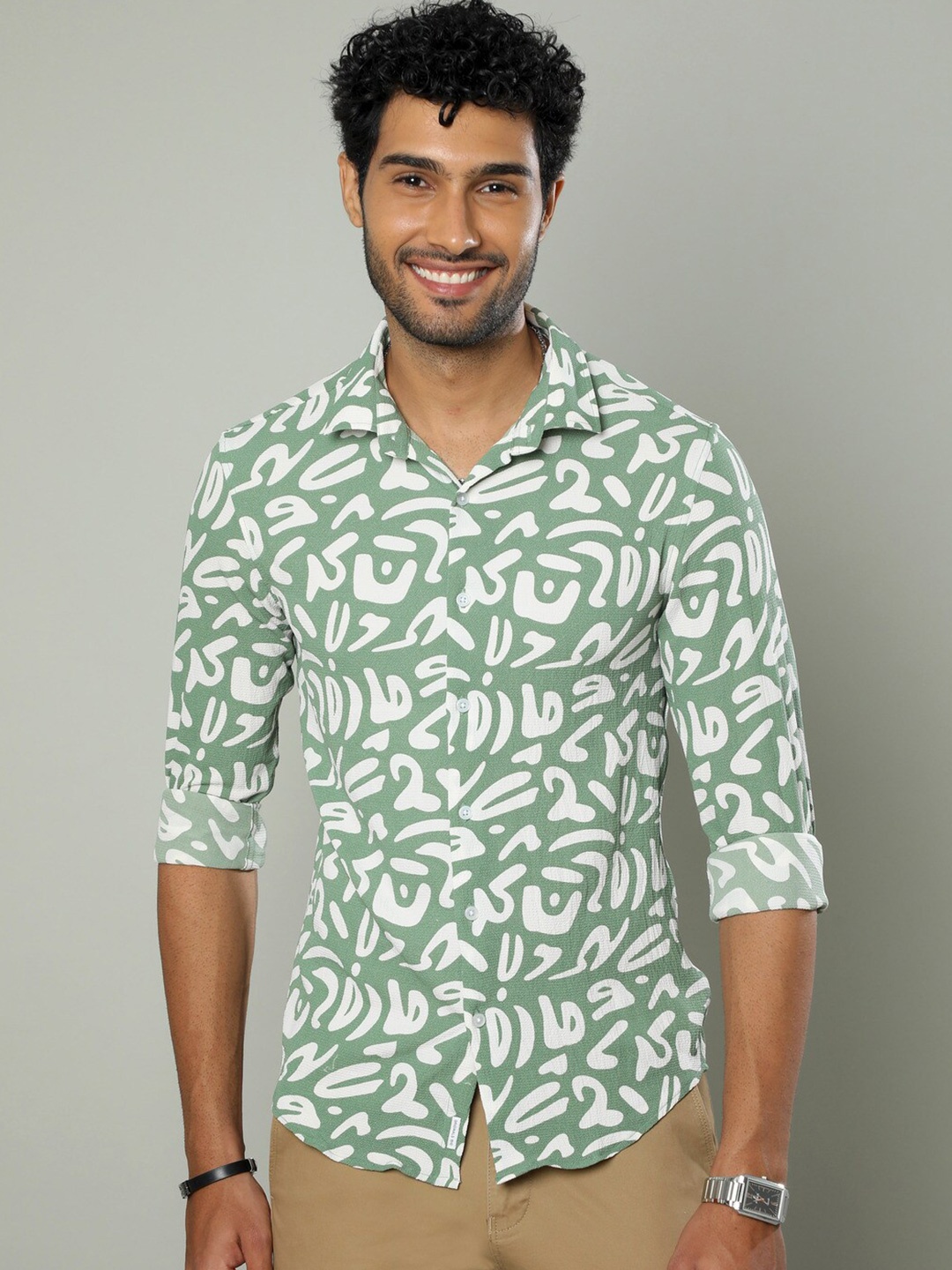

FLY 69 Abstract Printed Premium Slim Fit Casual Shirt, Green