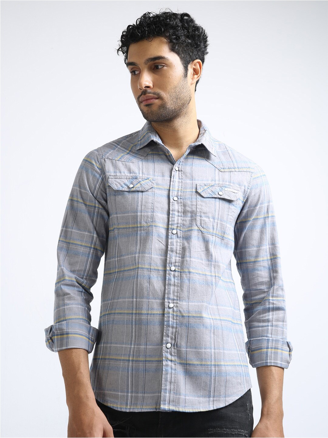 

FLY 69 Premium Slim Fit Tartan Checked Pure Cotton Shirt, Grey