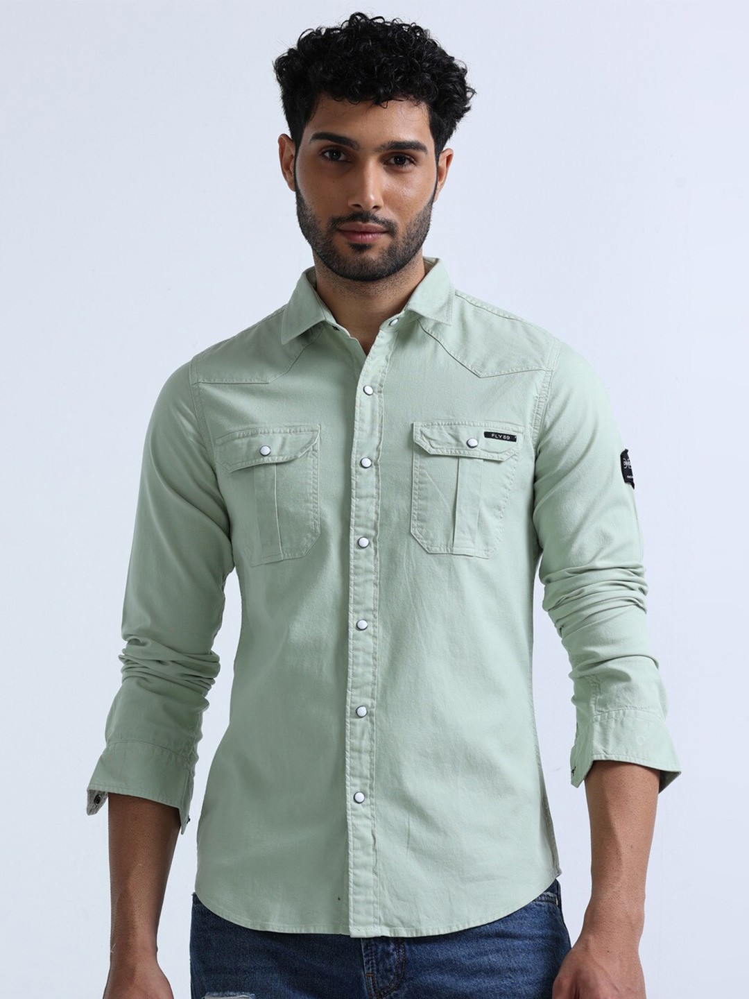 

FLY 69 Premium Slim Fit Spread Collar Long Sleeves Cotton Casual Shirt, Green