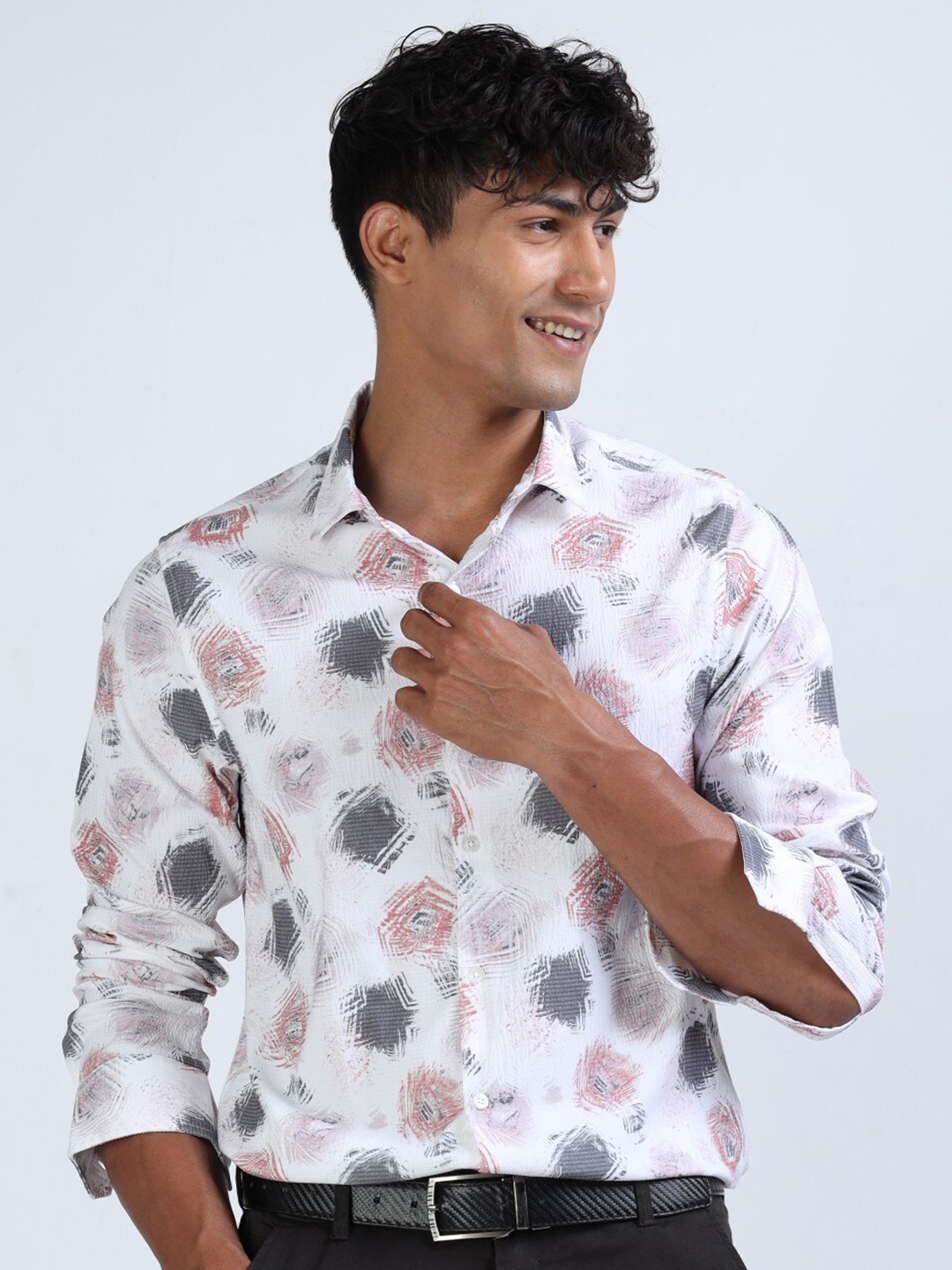 

FLY 69 Abstract Printed Premium Slim Fit Pure Cotton Casual Shirt, White