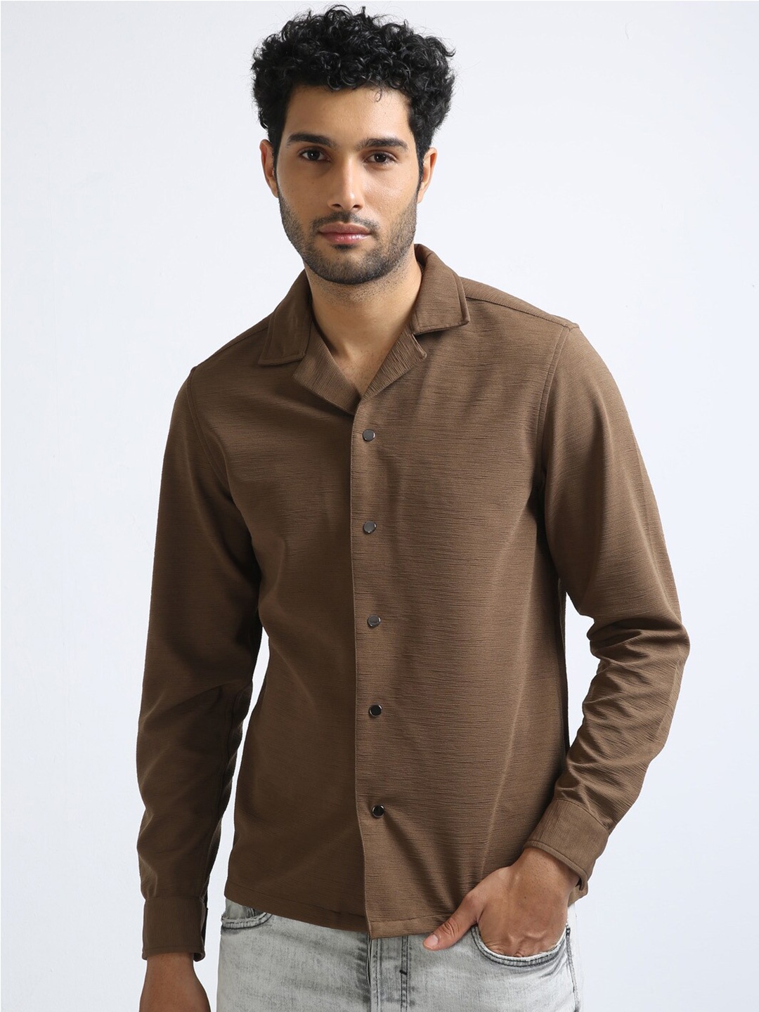 

FLY 69 Premium Cuban Collar Pure Cotton Boxy Shirt, Brown