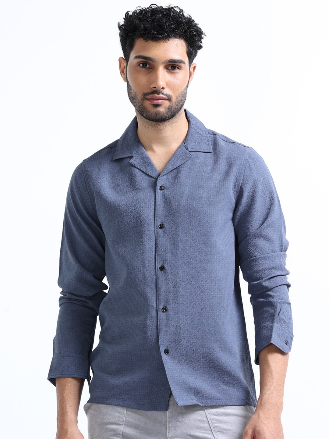 

FLY 69 Premium Boxy Textured Self Design Cuban Collar Casual Shirt, Blue