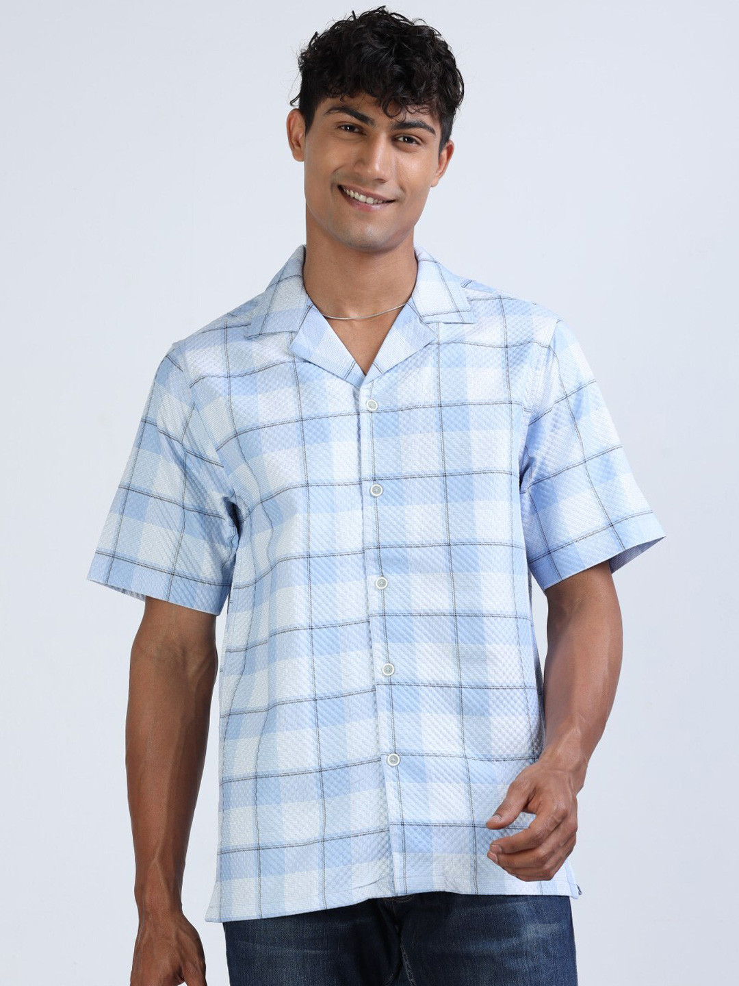 

FLY 69 Premium Boxy Tartan Checked Cotton Shirt, Blue