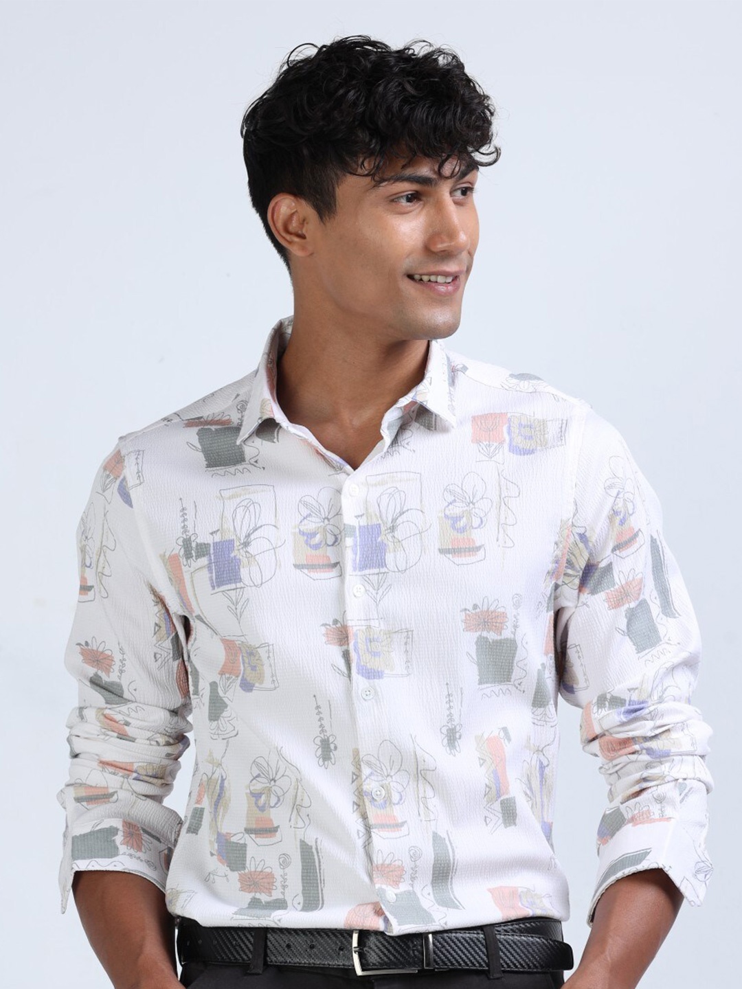

FLY 69 Floral Printed Premium Slim Fit Casual Shirt, White