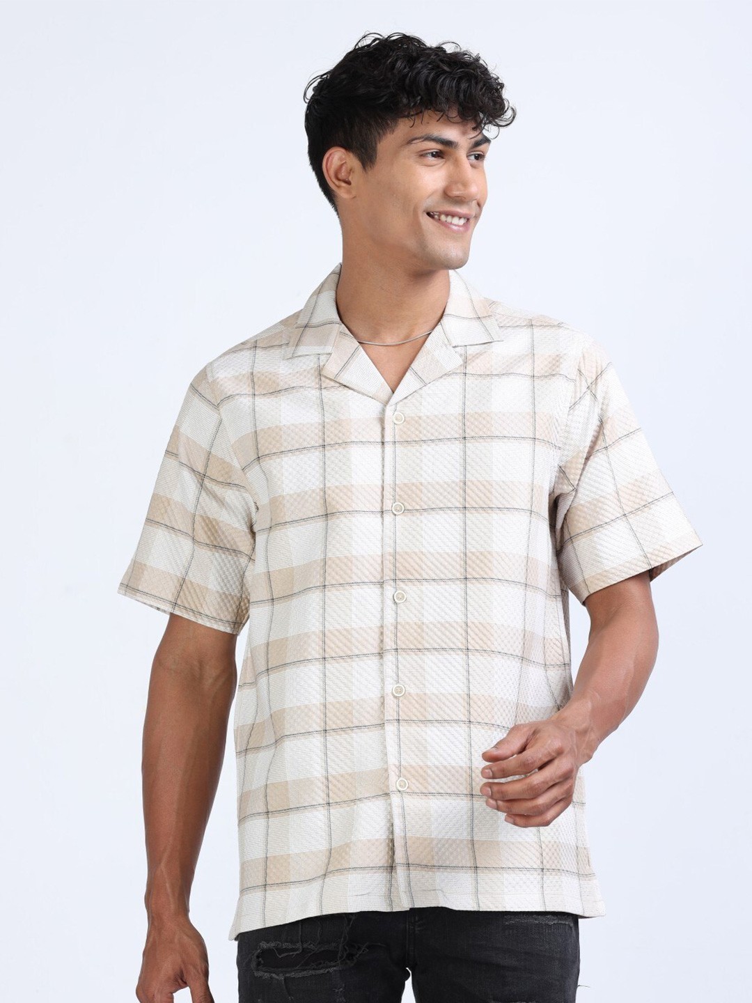 

FLY 69 Premium Cuban Collar Pure Cotton Boxy Shirt, Beige