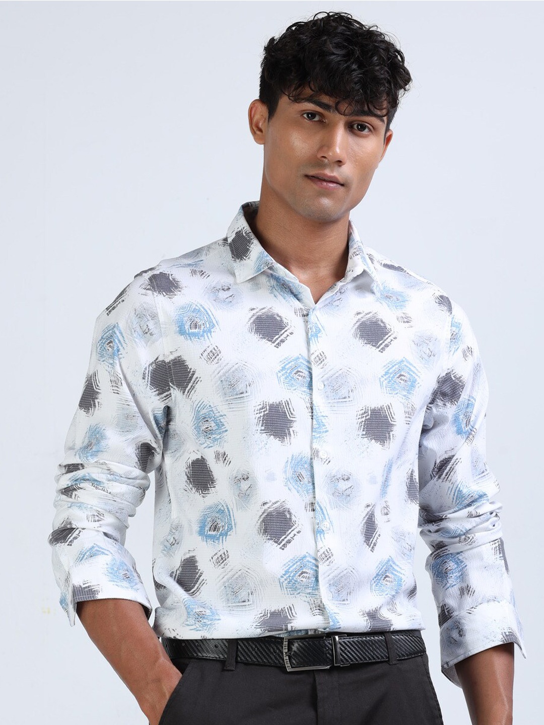 

FLY 69 Premium Slim Fit Abstract Printed Casual Shirt, White