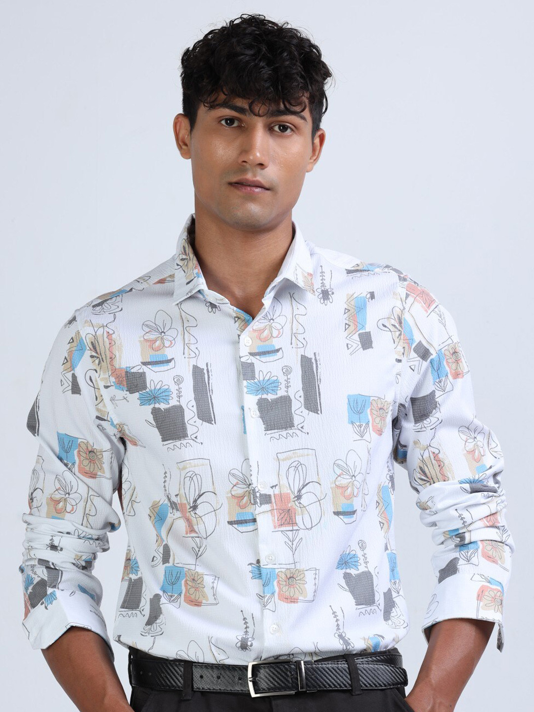 

FLY 69 Premium Conversational Printed Slim Fit Casual Shirt, White