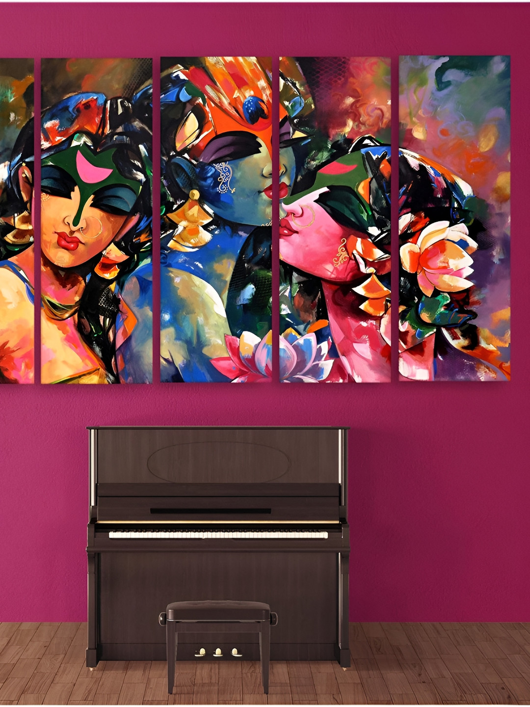 

Casperme Blue & Pink 5 Pieces Krishna Wooden Painting Wall Arts