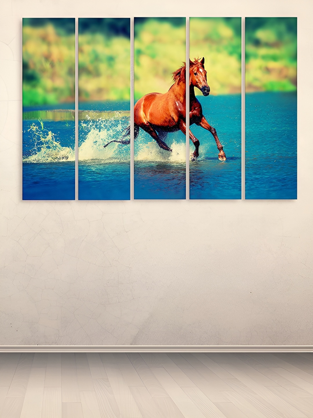 

Casperme Brown & Blue 5 Pieces Horse Wooden Painting Wall Arts