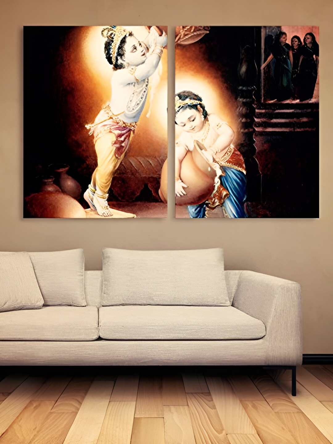 

Casperme Orange & Black 2 Pieces Krishna Wooden Painting Wall Arts