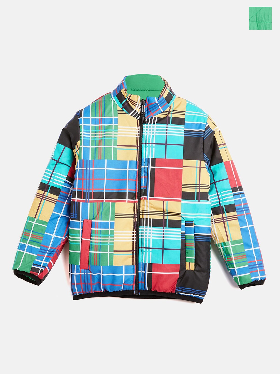 

Okane Boys Checked Mock Collar Reversible Nylon Padded Jacket, Green
