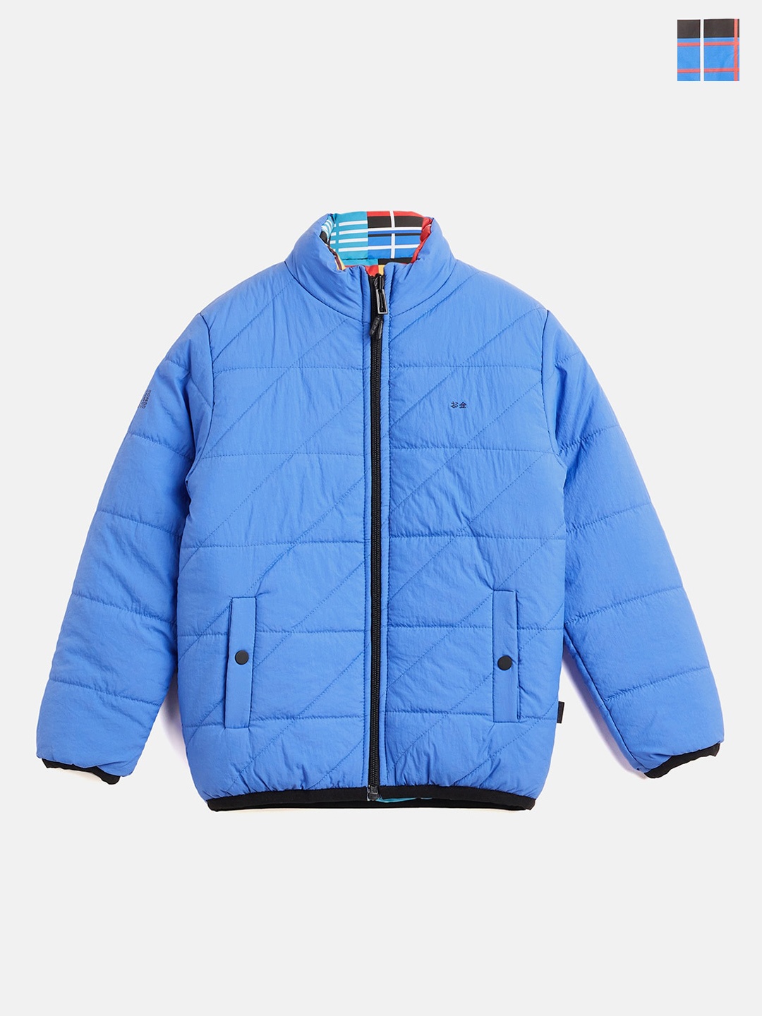 

Okane Boys Checked Mock Collar Reversible Nylon Padded Jacket, Blue