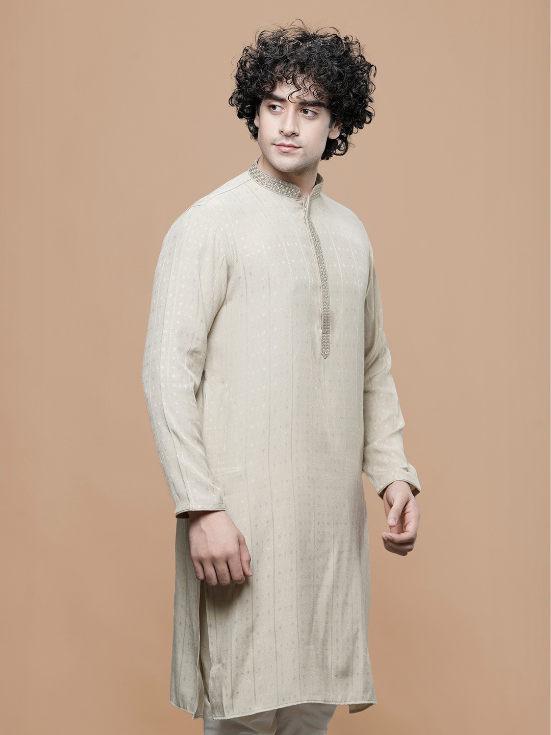 

MAAHI FABS Striped Mandarin Collar Thread Work Straight Pure Cotton Kurta, Beige
