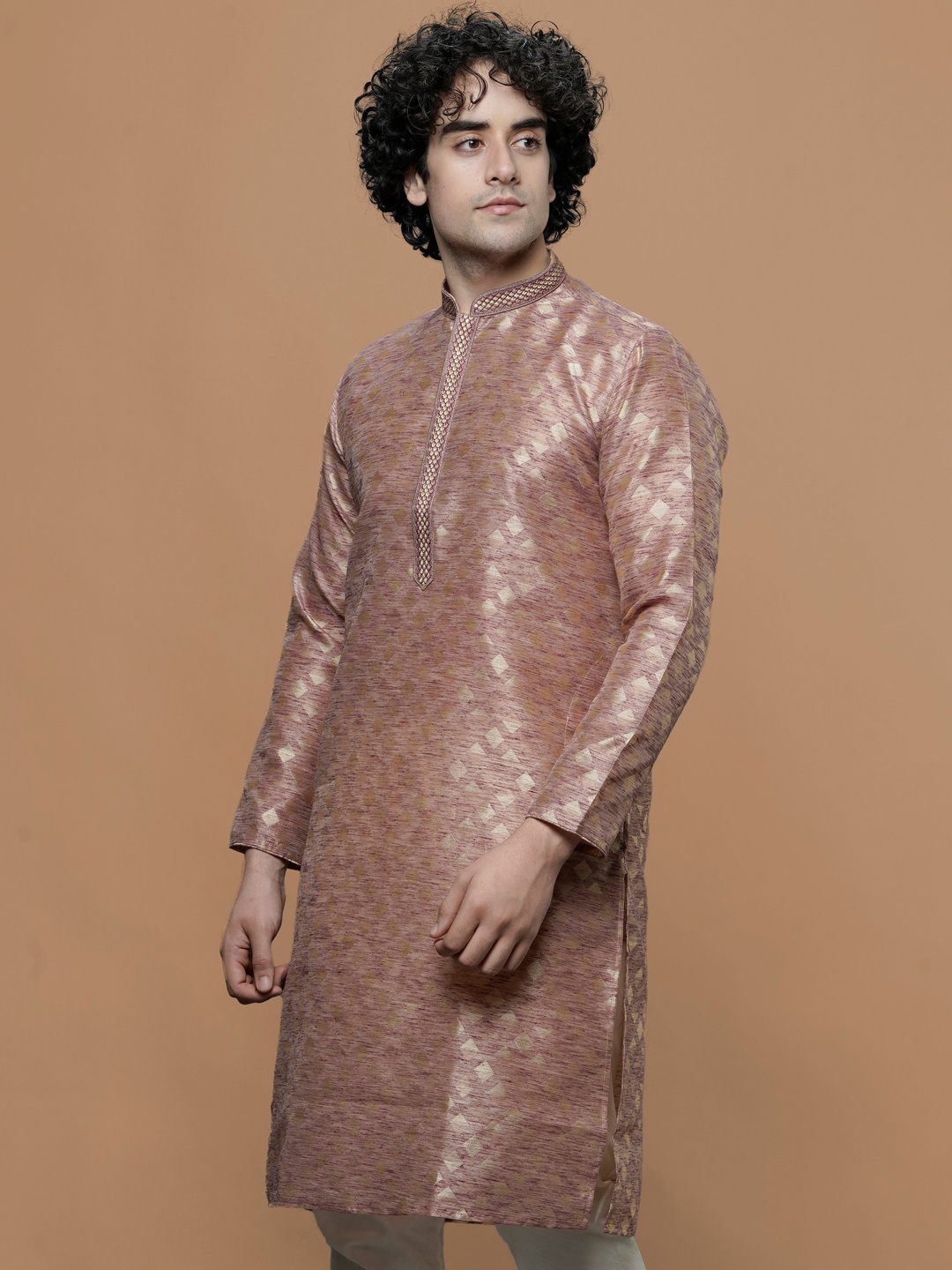 

MAAHI FABS Woven Designed Mandarin Collar Zari Cotton Regular Straight Kurta, Rust