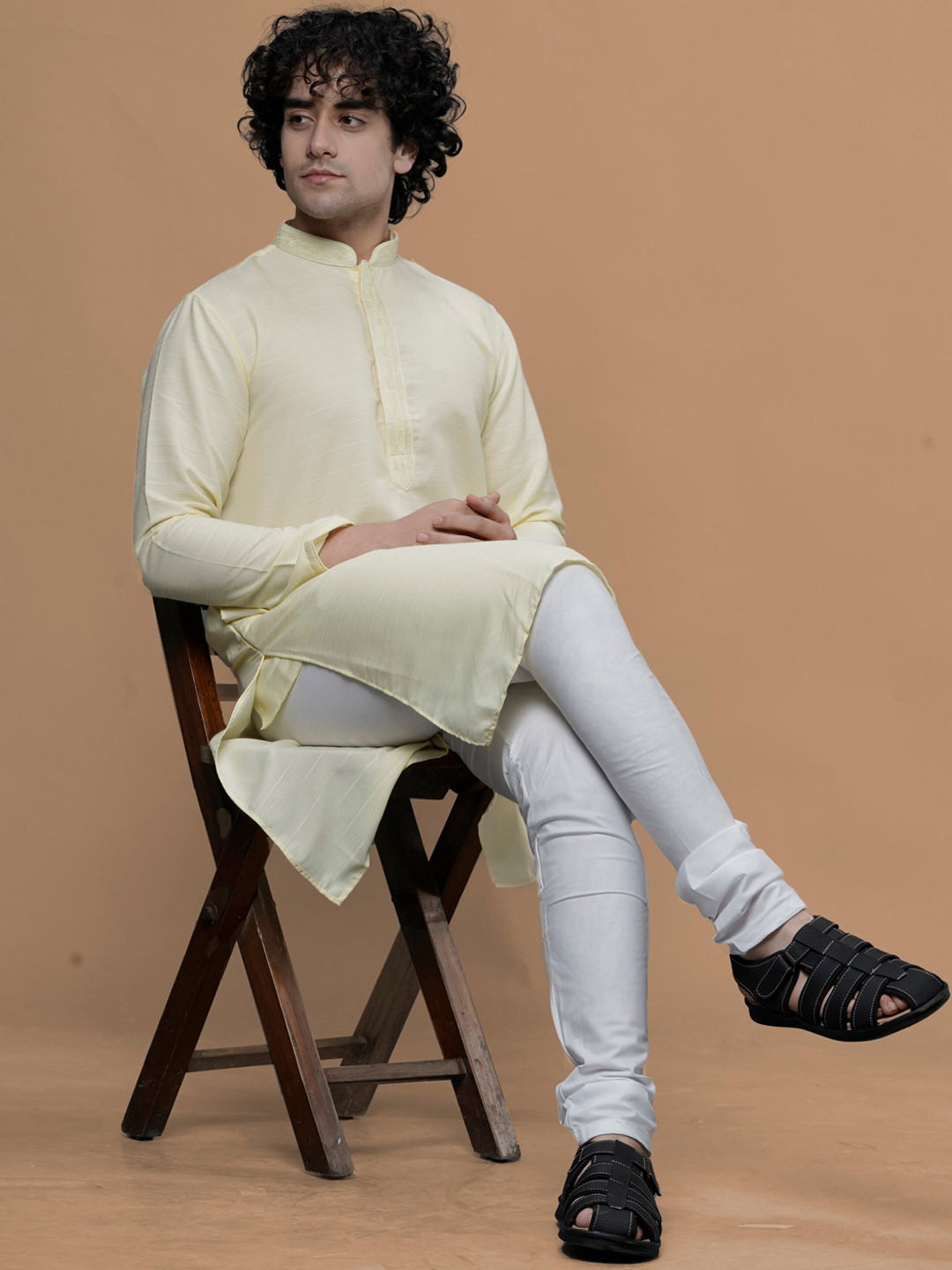 

MAAHI FABS Ethnic Motifs Woven Design Mandarin Collar Detail Cotton Straight Kurta, Yellow