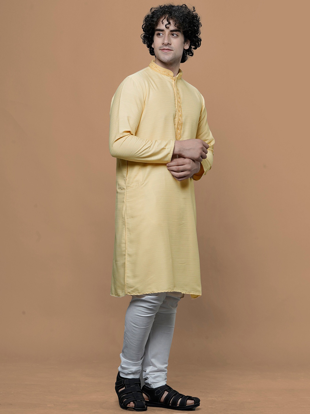 

MAAHI FABS Mandarin Collar Cotton Kurta, Yellow