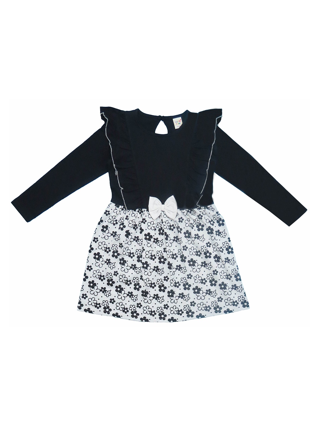 

Clothe Funn Girls Floral Printed Ruffles Detailed Cotton A-Line Dress, Black