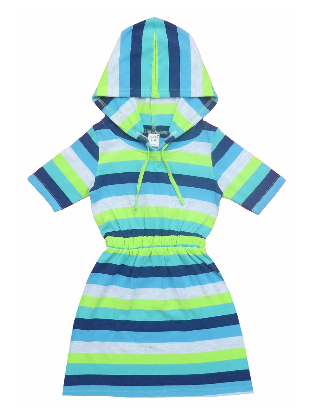 

Clothe Funn Girls Striped Hooded Gathered Detailed Cotton T-shirt Dress, Green