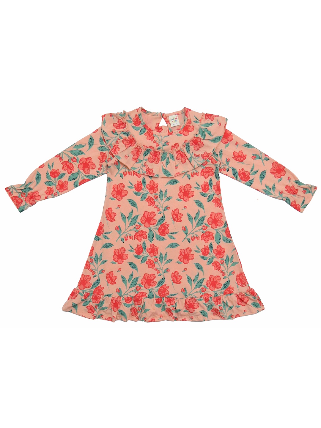 

Clothe Funn Girls Floral Printed Ruffles Detailed Cotton A-Line Dress, Peach