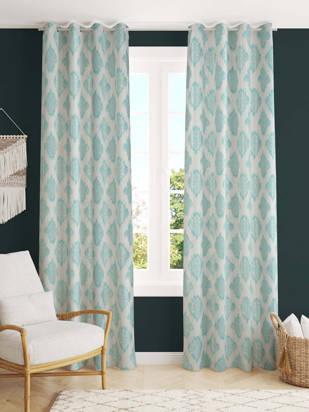 

stuffique Teal 2 pieces Ethnic Motif Eyelet Window Curtains
