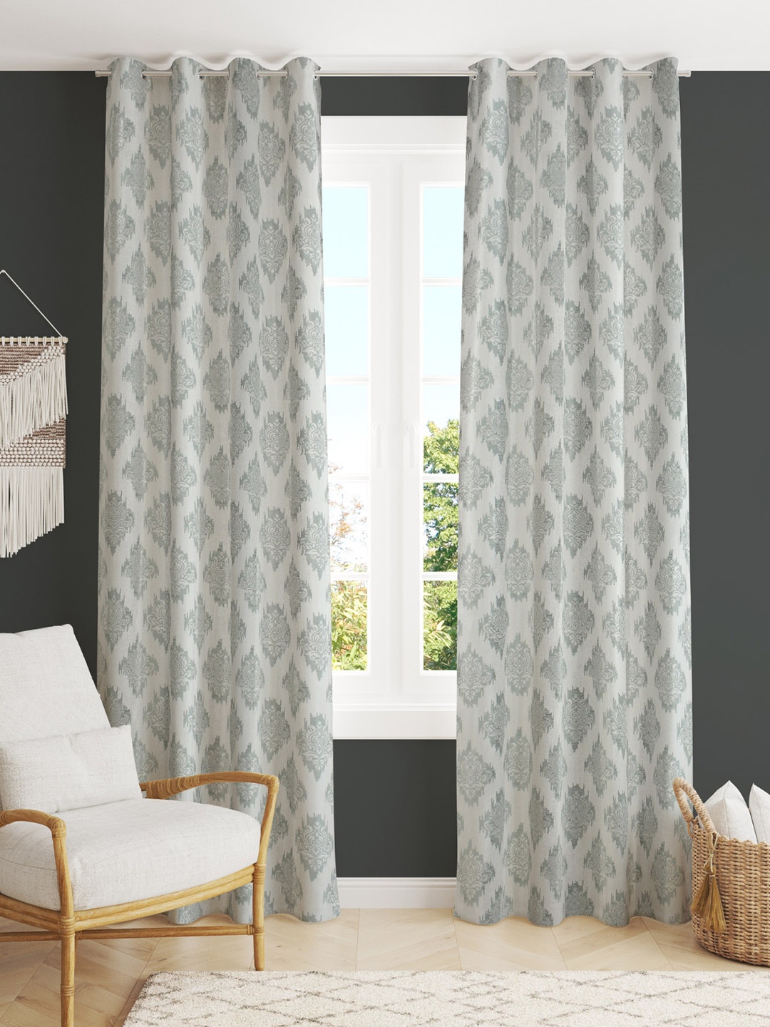 

stuffique Grey 2 pieces Ethnic Motif Eyelet Window Curtains