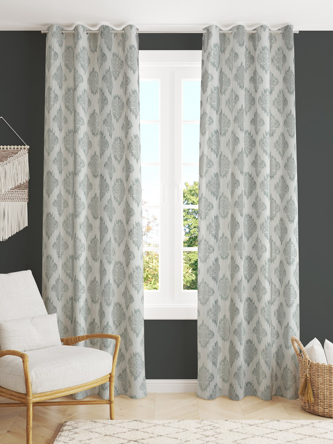 

stuffique Grey 2 pieces Ethnic Motif Eyelet Long Door Curtains
