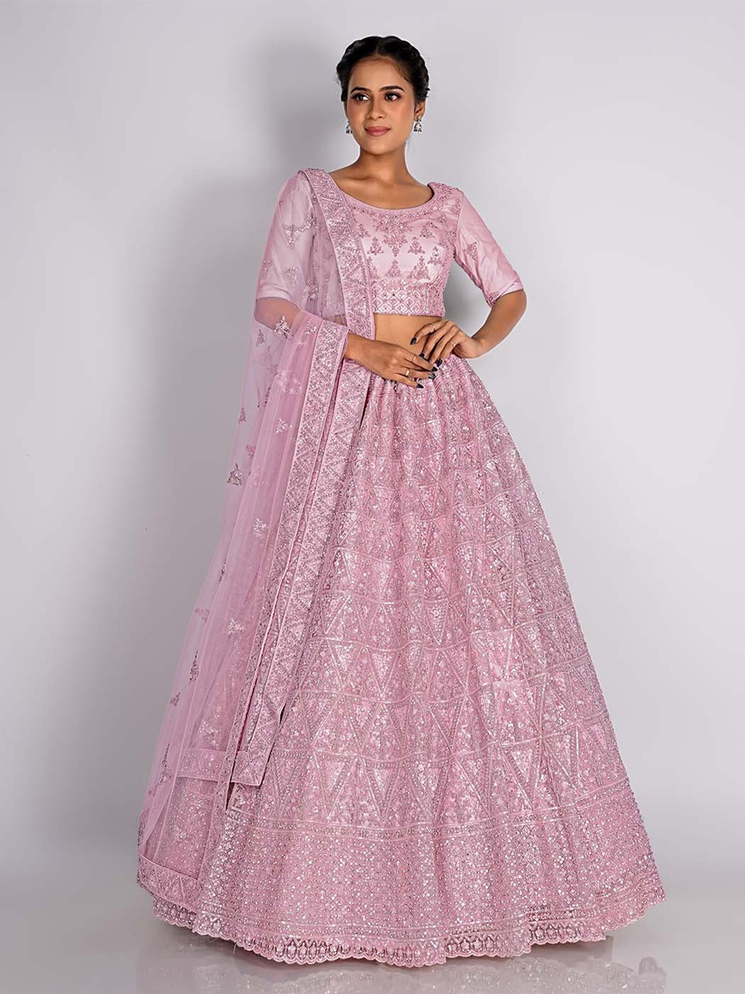 

HALFSAREE STUDIO Embroidered Semi-Stitched Lehenga & Unstitched Blouse With Dupatta, Pink