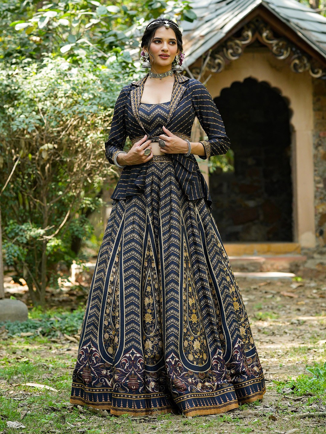 

SCAKHI Embroidered Scoop Neck Sleeveless Ready to Wear Lehenga Choli With Blazer Jacket, Black