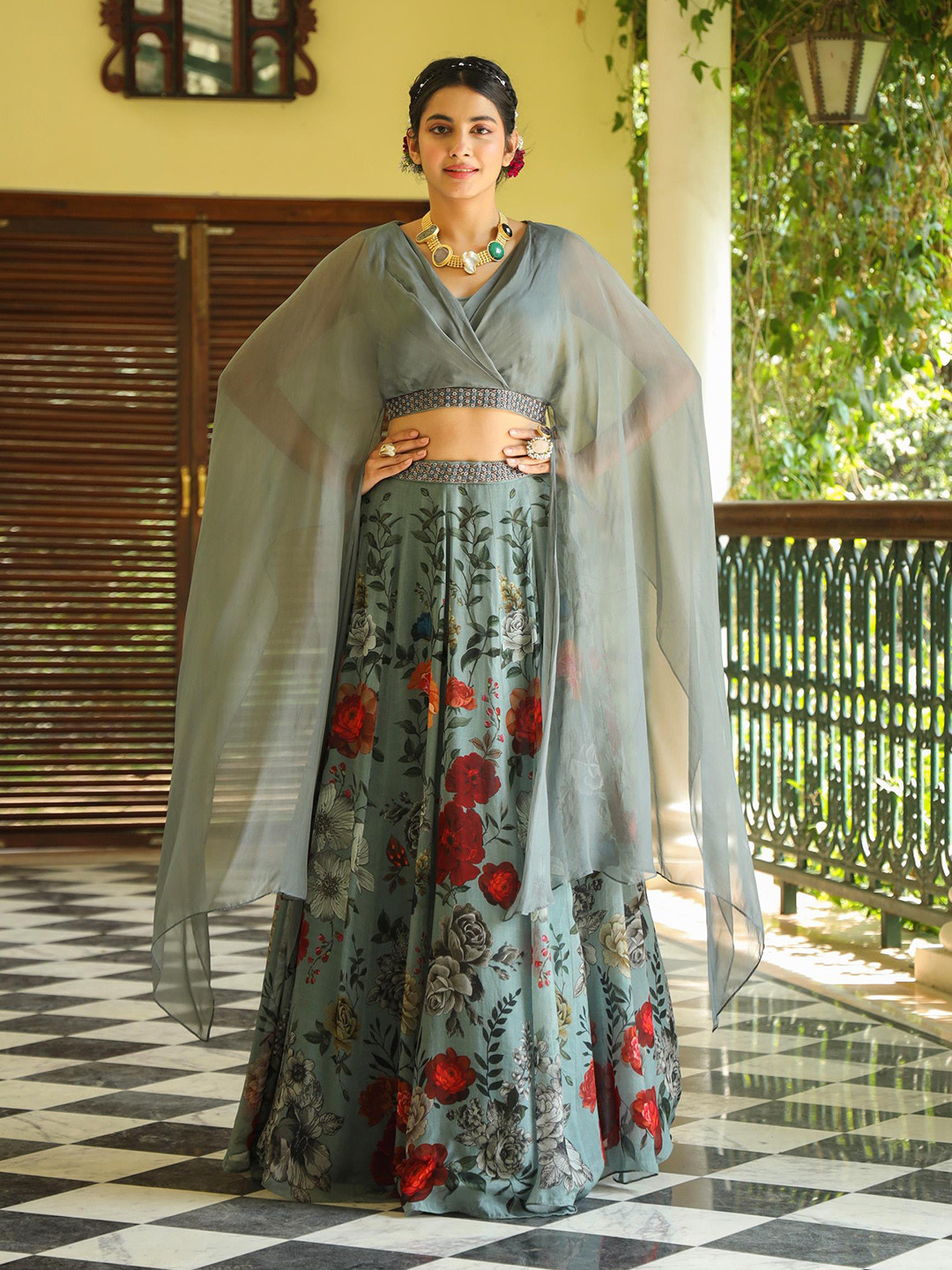 

SCAKHI V-Neck Flared Sleeves Ready To Wear Lehenga Set, Teal