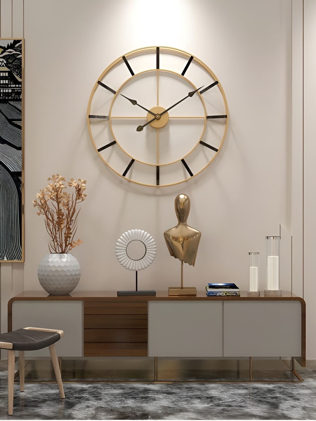 

HANDICRAFTS TOWN Black & Gold Toned Round Traditional Wall Clock