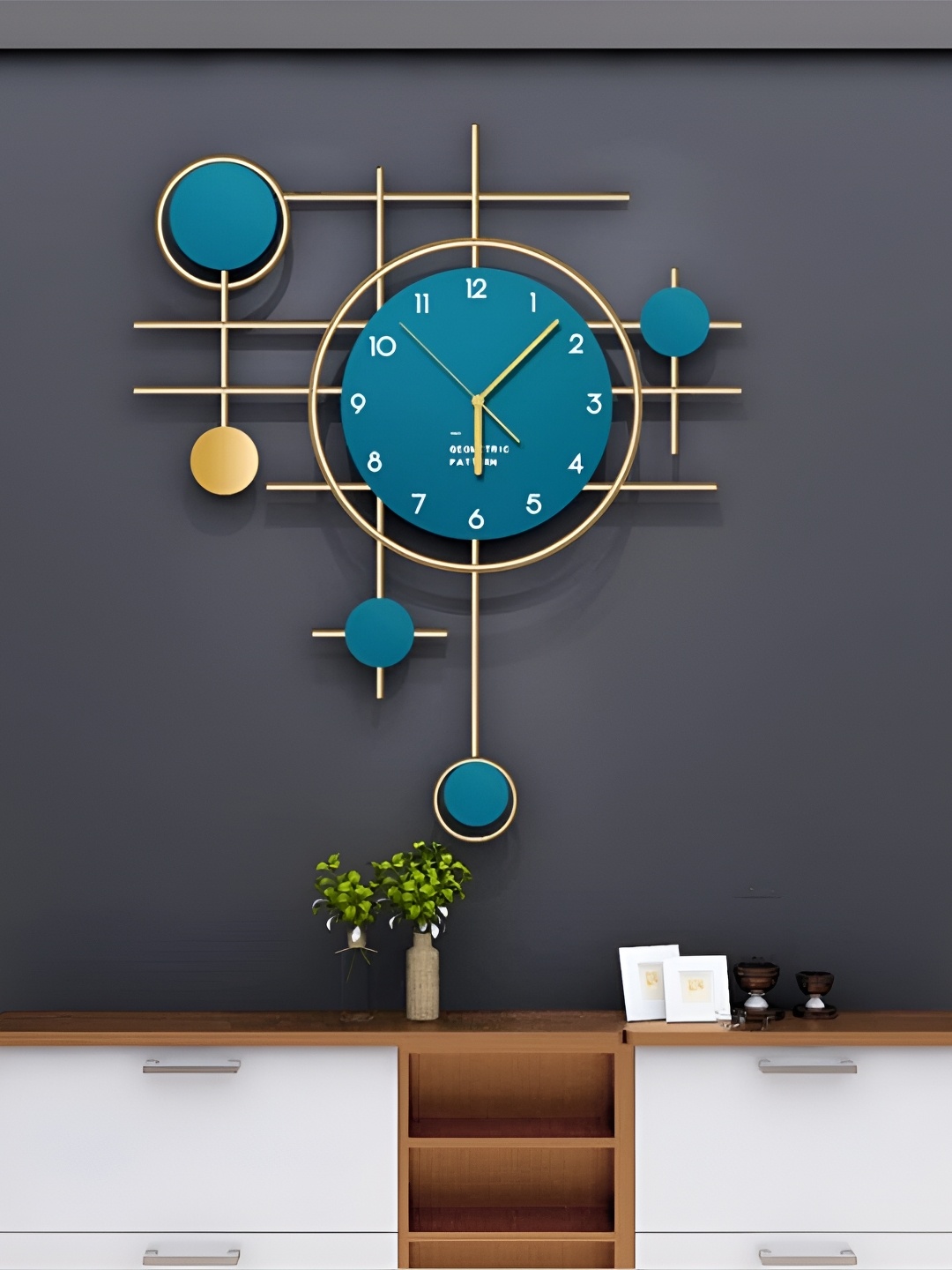 

HANDICRAFTS TOWN Blue & Gold Toned Geometric Contemporary Wall Clock