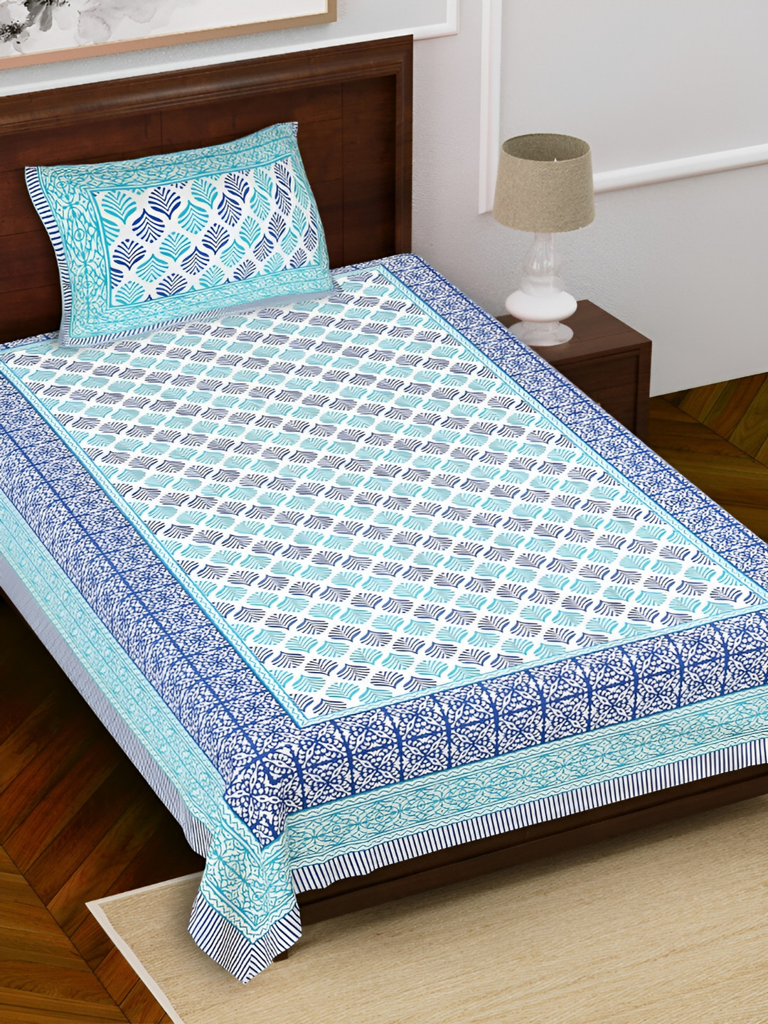 

FABROLI Blue White Floral Cotton 240 TC Single Bedsheet With 1 Pillow Covers