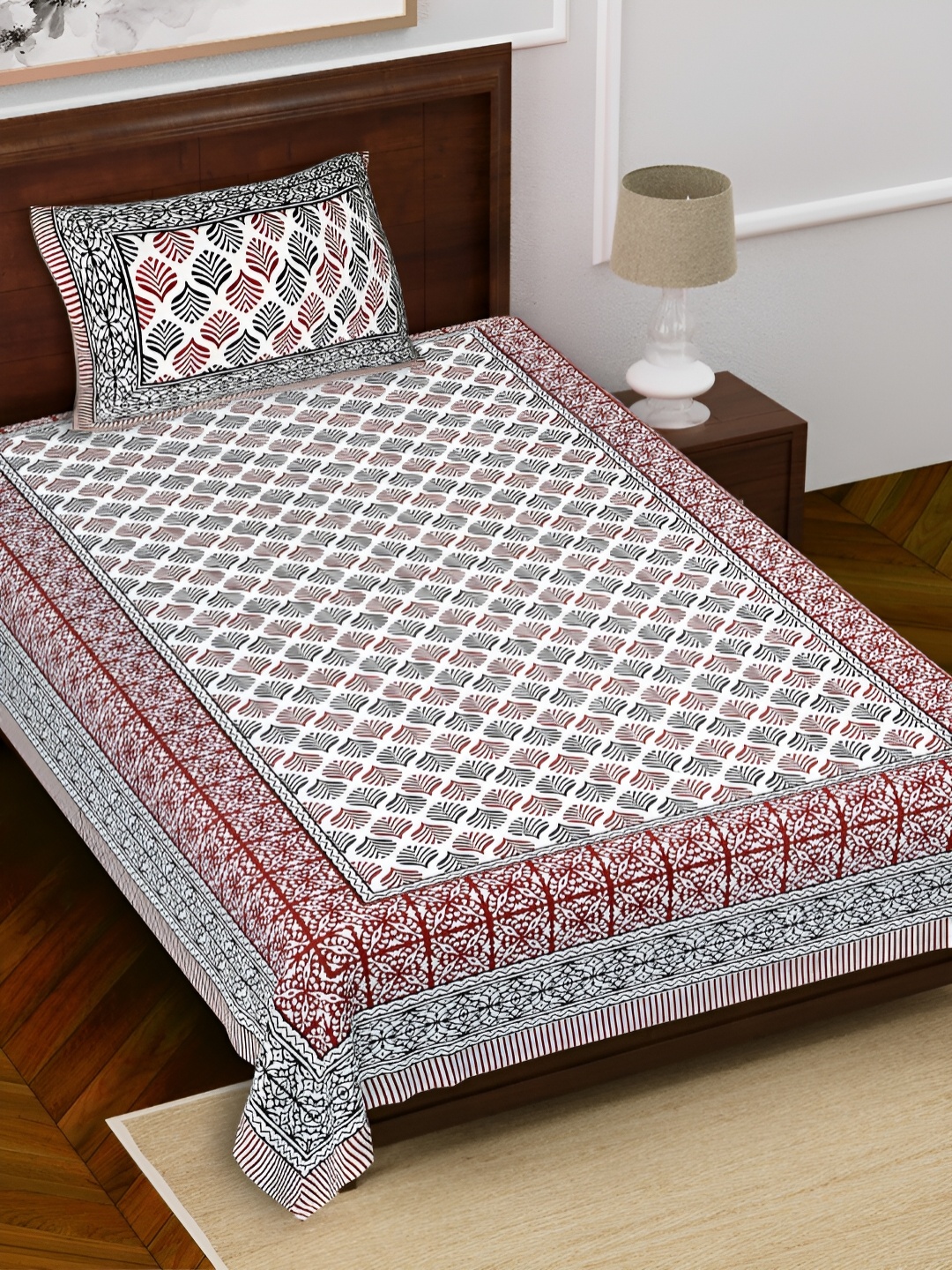 

FABROLI Maroon Black Floral Cotton 240 TC Single Bedsheet With 1 Pillow Covers
