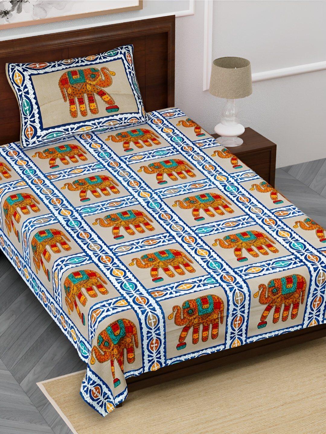 

FABROLI Orange Beige Ethnic Motifs Cotton 240 TC Single Bedsheet With 1 Pillow Covers