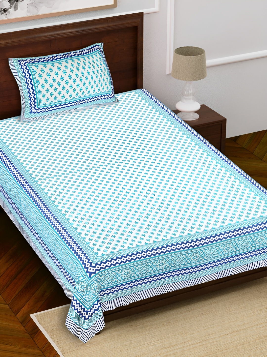 

FABROLI Blue White Floral Cotton 240 TC Single Bedsheet With 1 Pillow Covers